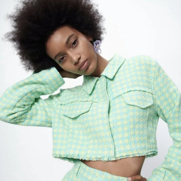 Zara Cropped Gingham Houndstooth Jacket Green Blue Size Large - Picture 4 of 9